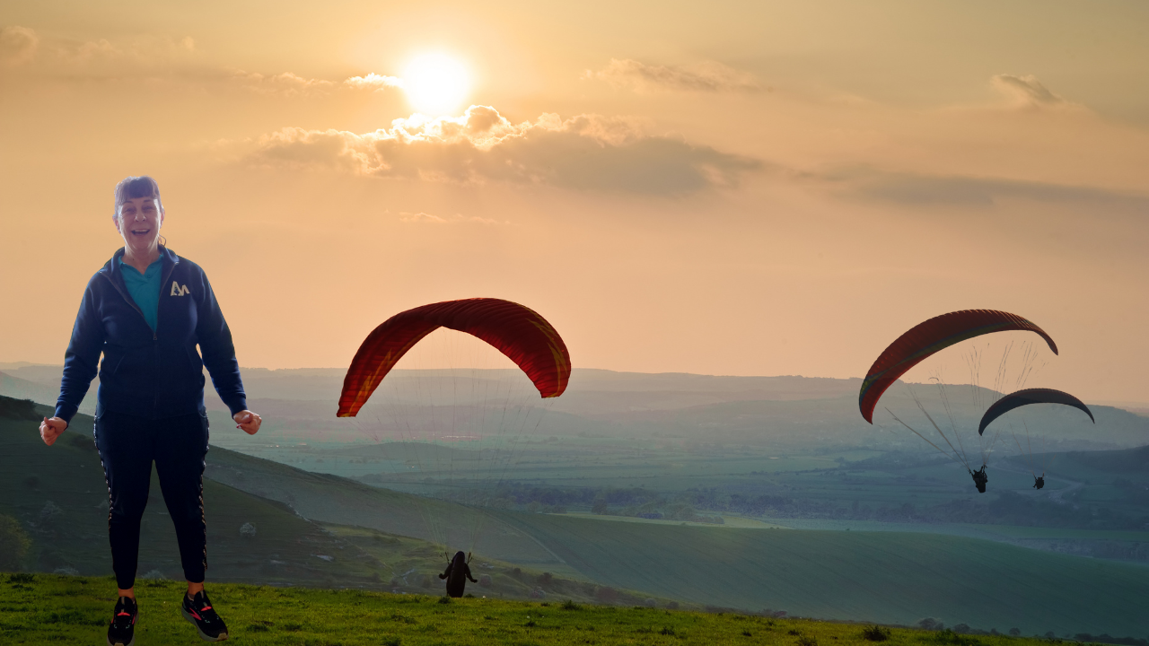MOVEability seated chair exercise instructor, Debbie Mumford, getting ready for her fundraising paragliding challenge